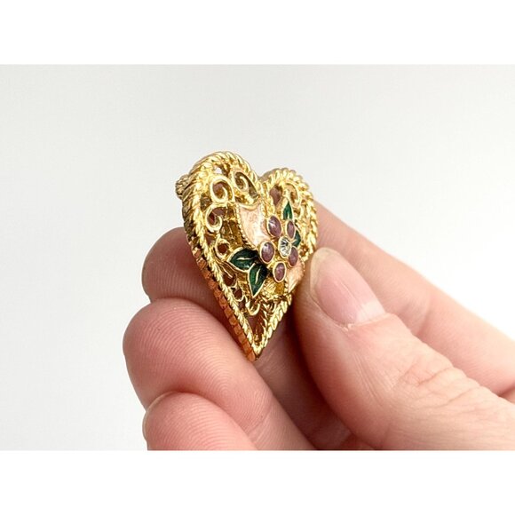 Heart Shaped Textured "I Love You" Rhinestoned and Enameled Brooch - Picture 9 of 10
